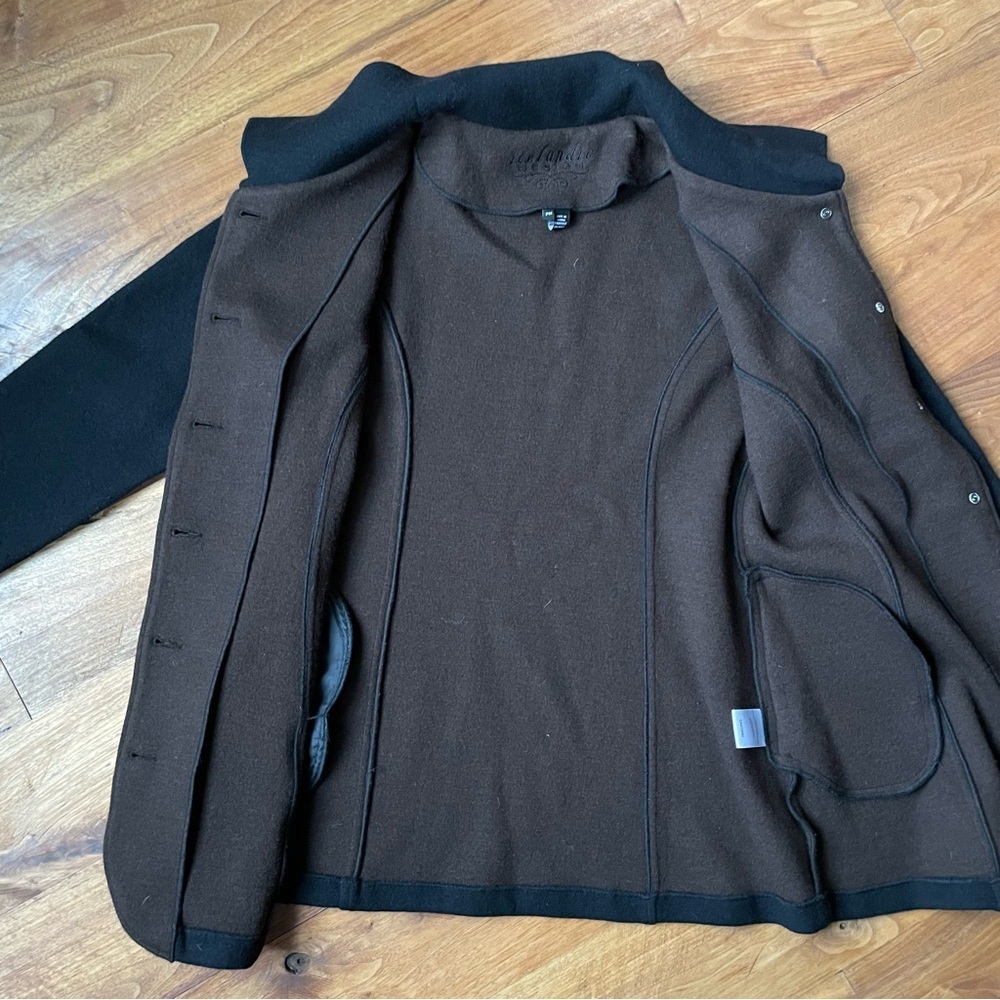 Icelandic Design Black & Brown Wool Coat with Metal Buttons Stand Collar Detail - Picture 8 of 15
